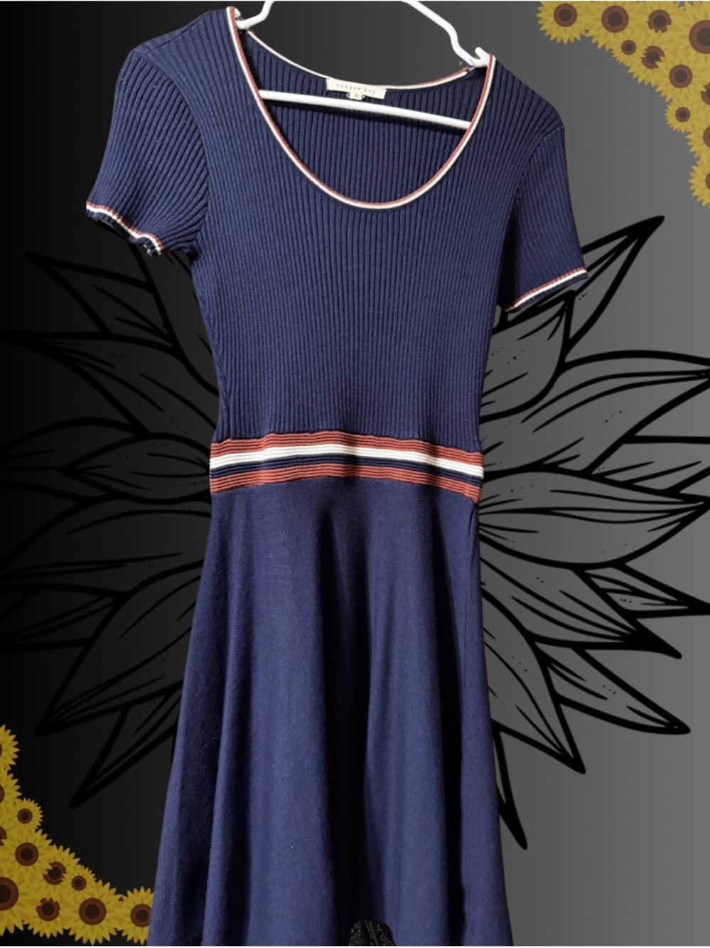 Copper Key Navy Blue Ribbed Knit Striped Trim Skater Fit & Flare Dress •Small•